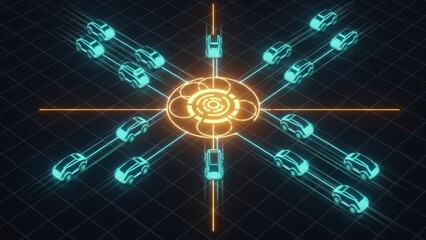 Futuristic Network Hub with Connected Vehicles and Glowing Core.