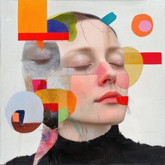 Abstract art portrait of a woman studio mixed media vibrant colors close-up emotional expression
