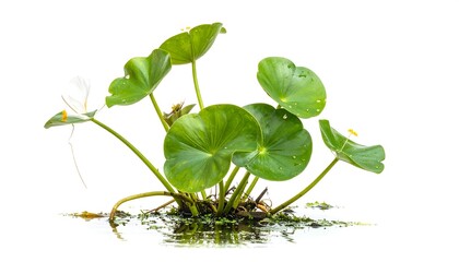 Close-up of aquatic plant with round green leaves and small yellow flowers, reflecting in water