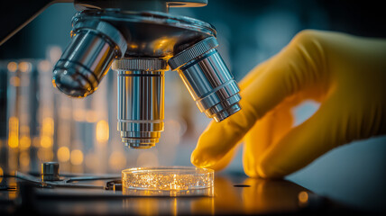 A laboratory hand adjusting a microscope stage representing scientific research precision discovery and technological advancement.

