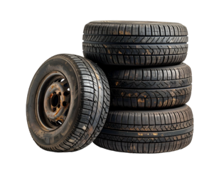 Stack of worn tires, one with rusty wheel, isolated