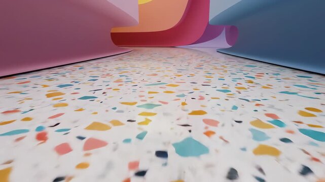 Overhead cinematic crane descent revealing the large-scale pattern of colorful speckled terrazzo floor surrounded by smooth, curved, vibrant architectural walls revealing, surface, geometry