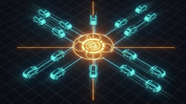 Futuristic Network Hub with Connected Vehicles and Glowing Core. - Powered by Adobe