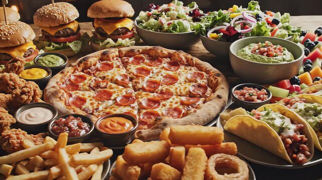 Overhead cinematic pan across an elaborate fast food feast featuring various fresh comfort dishes and vibrant greens arranged perfectly for a large spread celebration, french fries, unhealthy