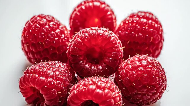 Overhead cinematic push-in shot detailing a neat cluster of several fresh raspberries arranged symmetrically on a bright white table top overhead cinematic push-in shot, seamless background