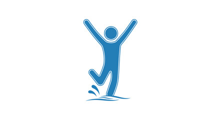 Vibrant Blue Stick Figure Icon Jumping with Joy and Splash Effect.