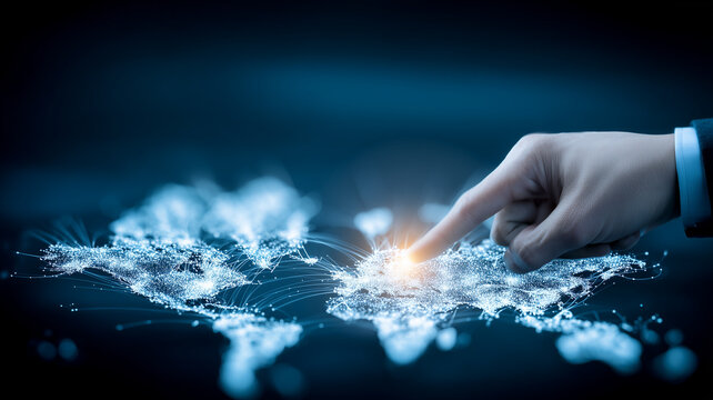 A hand touching a glowing world map network illustrating global digital connections and international data interaction.
 - Powered by Adobe