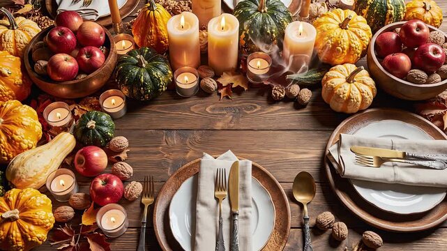 Overhead cinematic view of a beautifully arranged autumnal harvest table setting featuring decorative gourds, polished wooden bowls, and lit candles with a wide blank center for copy placement flatlay