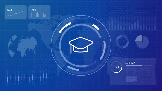 Graduation cap icon animation symbolizing online education and digital learning on a technological data