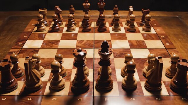 Overhead cinematic wide shot of a perfectly arranged classical wooden chess set at the start of a game symbolizing order control and preparation detailed, challenge, luxury