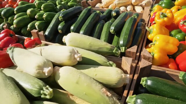Overhead cinematic view of colorful bell peppers, zucchini, and corn packed tightly in orderly wooden display boxes at a farmers market retaildisplay, aerial, healthy