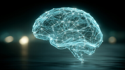 A brain formed by interconnected nodes symbolizing neural communication artificial intelligence and cognitive digital networks.
