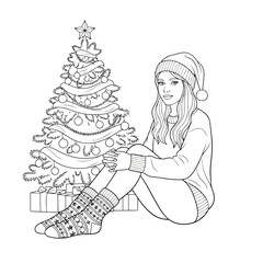 Christmas Coloring Page for Adults and Kids with Girl Sitting by Decorated Tree