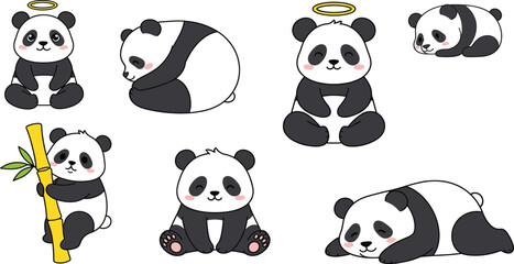 Cute panda bear cartoon character set with different poses and expressions kawaii style illustration isolated on white background © Sumon Creative