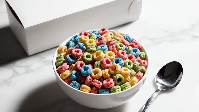 Overhead dolly shot moving slightly over a minimalist arrangement of a stark white cereal box and a full bowl of bright multicolored breakfast loops advertising background, box, diet