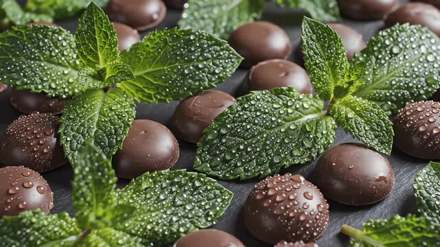 Overhead dolly shot moving slowly across an aesthetically arranged pattern of sweet chocolate buttons and sharp aromatic mint leaves glistening with condensation geometric, arrangement, overhead