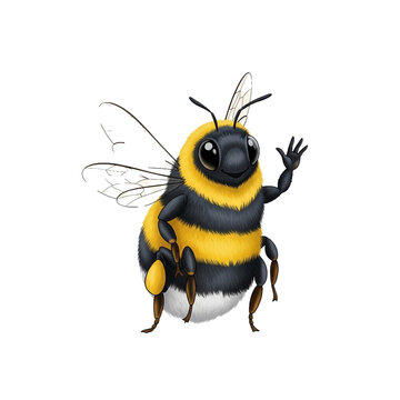 Cartoon bee waving hello with a friendly and welcoming gesture.