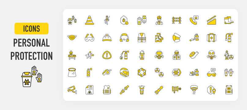 Set of Personal Protection vector. Disposal, Fall Protection, Anti Virus Shield, Cpr, Glove, Security Guard, Vlc Player, Safety Barrier, Emergency Phone, Safety Boots, Face Mask, Goggle illustration. 