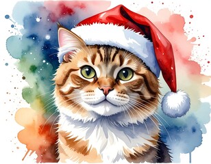 Portrait of a tabby cat wearing a Santa hat against a colorful background
