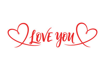 Love you romantic calligraphy with intertwined red hearts on a clean white background, perfect for s day designs and affectionate messages