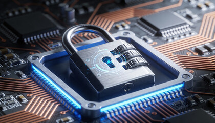 Cyber security technology lock circuit board data protection network futuristic padlock encryption safety digital access control concept