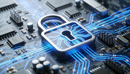 Cyber security data protection network technology padlock circuit encryption digital connection hardware concept cyber defense illustration blue background