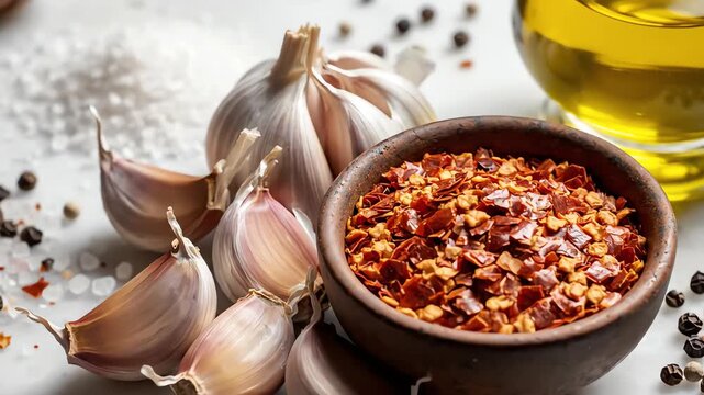 Overhead flat lay push-in shot showcasing various essential cooking ingredients including garlic cloves and dried chili flakes on a light gray marble slab gray, still, essential