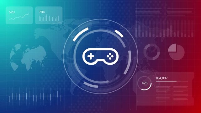 Gaming controller icon animation on a vibrant futuristic technology background representing esports adigital entertainment
