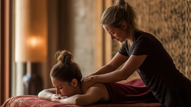 A young woman client receives a traditional Thai massage from a female therapist.