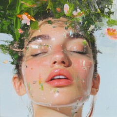 Close-up portrait of serene young woman in a floral nature setting beauty unveiled