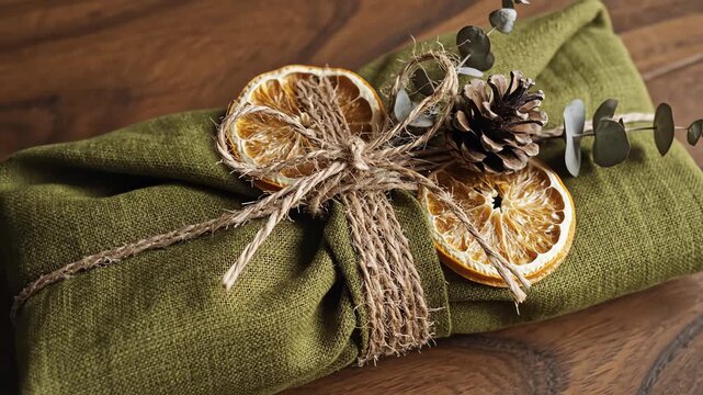 Overhead flat lay shot of a beautifully arranged sustainable Furoshiki gift bundle adorned with natural twine and dried citrus fruit on a dark wooden surface birthday, wrapping, woodgrain