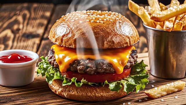 Overhead flat lay shot of a beautifully styled cheeseburger setup on a wooden table with visible steam rising from the warm bun and patty caloric, sesame seed bun, wooden table