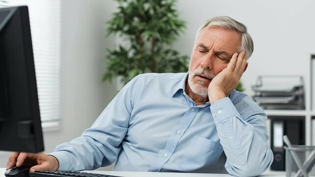 Tired Older Man Sleeping at Desk in Office Environment with Computer