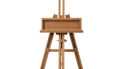 Wooden easel in studio lighting with warm brown tones on a white background for art supplies