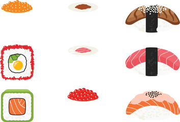 Japanese sushi and nigiri food vector set with rice fish roe and traditional ingredients in flat illustration style © Sumon Creative
