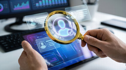 Closeup of hands holding magnifying glass over digital tablet displaying user profiles and data analytics, conveying sense of investigation and technology