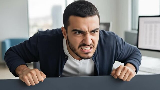 Angry Young Man in Office Setting Displaying Frustration and Stress at Work