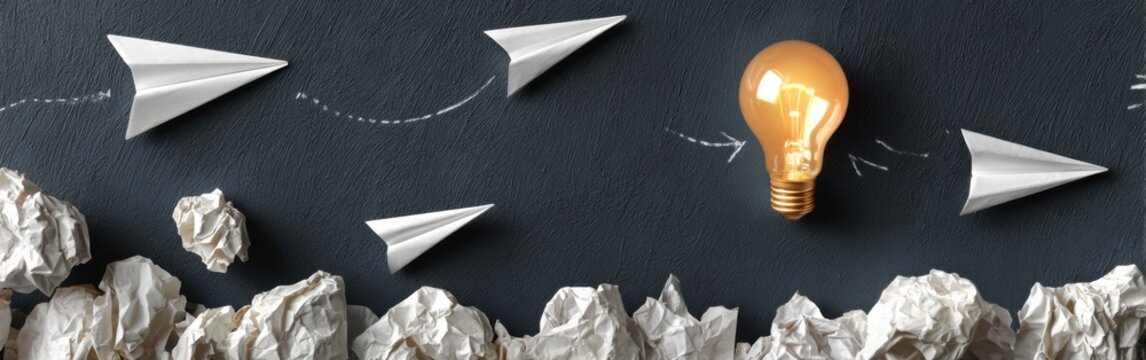 Paper airplanes and crumpled paper leading to an idea light bulb