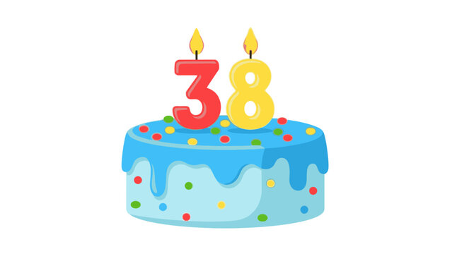 A blue frosted cake with colorful sprinkles and lit candles forming the number 38 on top against a plain white background.