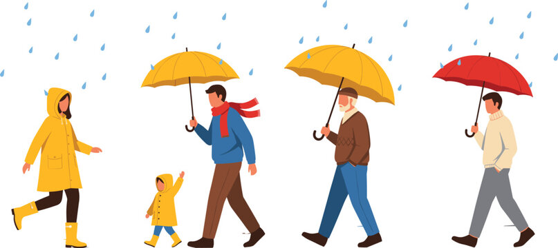 People walking in rainy weather with umbrellas vector illustration showing autumn rain season family lifestyle in flat style