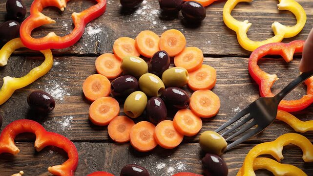 Overhead flat lay view of a fork organizing a colorful assortment of vegetables including sliced carrots olives and peppers on a rustic wooden table surface mixed salad, fresh, composition