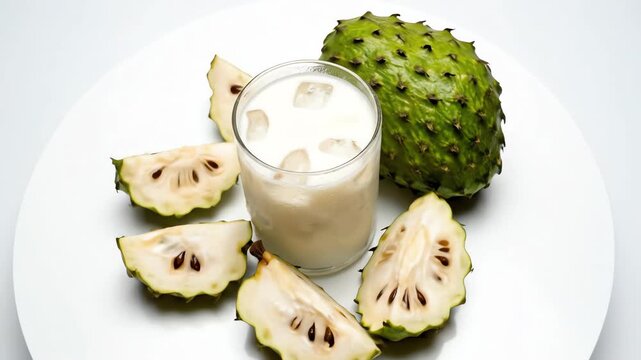 Overhead flat lay view of a glass of milky soursop beverage surrounded by whole and sliced graviola fruit slowly rotating on a white studio surface tropical, Overhead flat lay view, nutrition