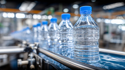 A close row of plastic water bottles moving along a production line to represent industrial manufacturing distribution and large scale supply.
