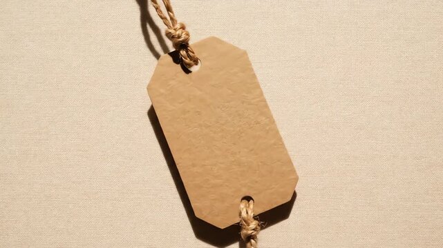 Overhead flat lay view of a simple blank kraft paper tag slowly rotating 360 degrees, tied securely with hemp string on a neutral surface design, paper, isolated