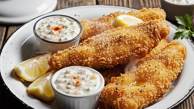 Overhead flat lay view of a rustic wooden table set with golden fried catfish and creamy tartar sauce in ceramic ramekins tartar sauce, culinary, delicious