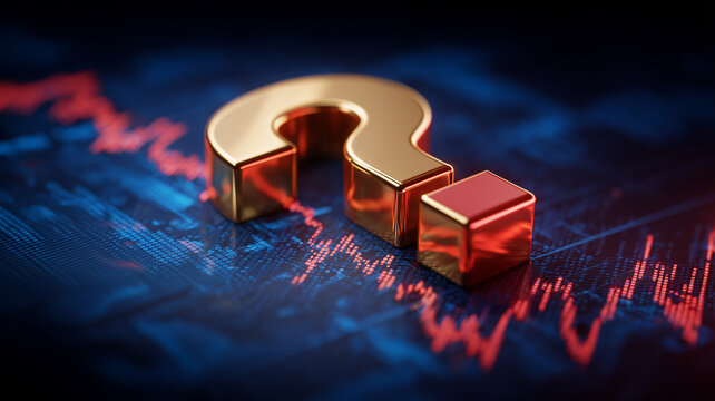 A golden question mark on a financial chart representing uncertainty analysis and risk evaluation in economic decision making.
