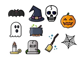 Set of Halloween Flat Line Icons and Characters