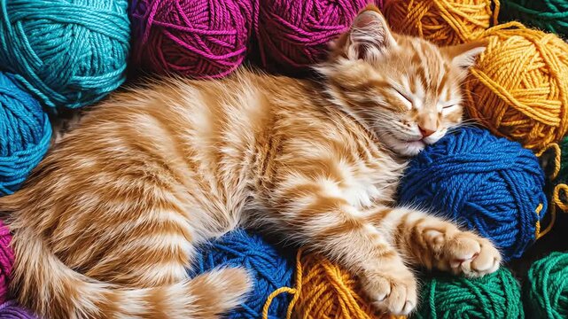 Overhead high-angle shot capturing a lazy ginger kitten sprawled asleep amidst a scattered colorful collection of multi-hued yarn balls creating a vibrant geometric pattern adorable, orange