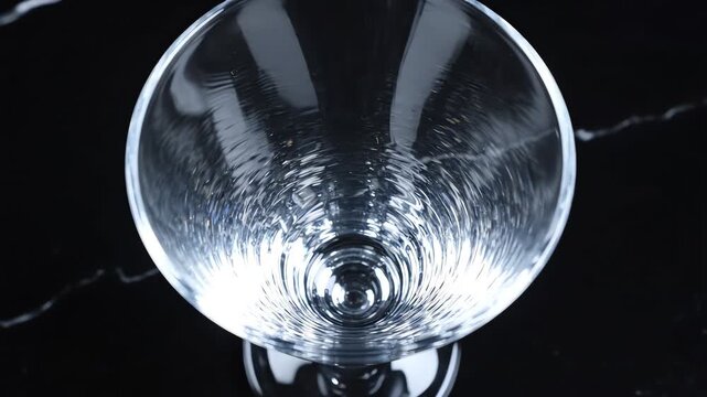 Overhead high-angle view looking straight down into the wide opening of a flawless, spotless, empty conical beverage glass spotless, conical, barware