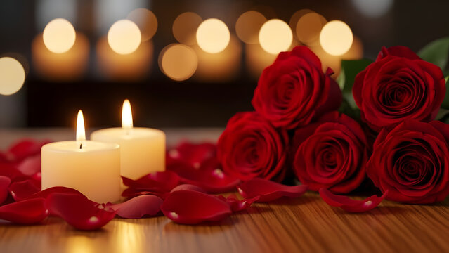 Romantic red roses and candles on a table
